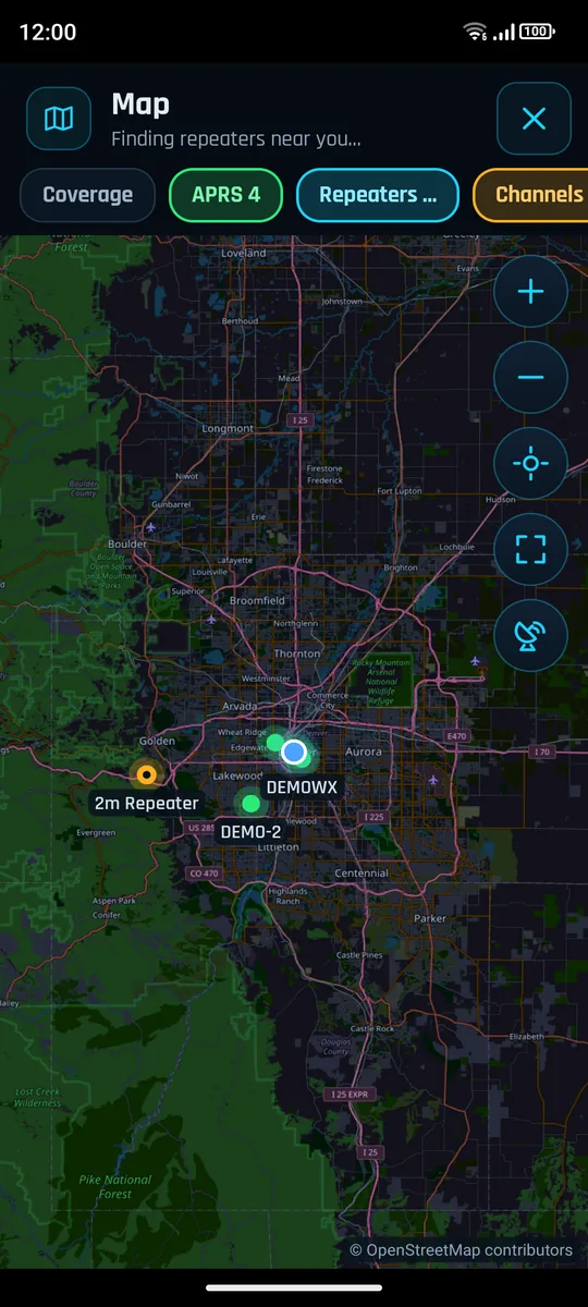Map with demo APRS stations and a repeater near Denver
