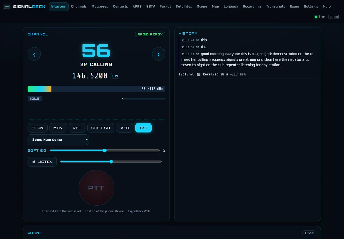 SignalDeck Web intercom in a desktop browser